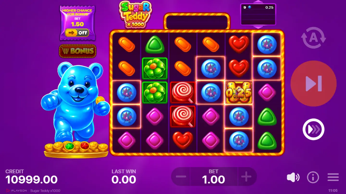 Sugar Teddy x1000 base game screen with full 6-reel grid and bet panel