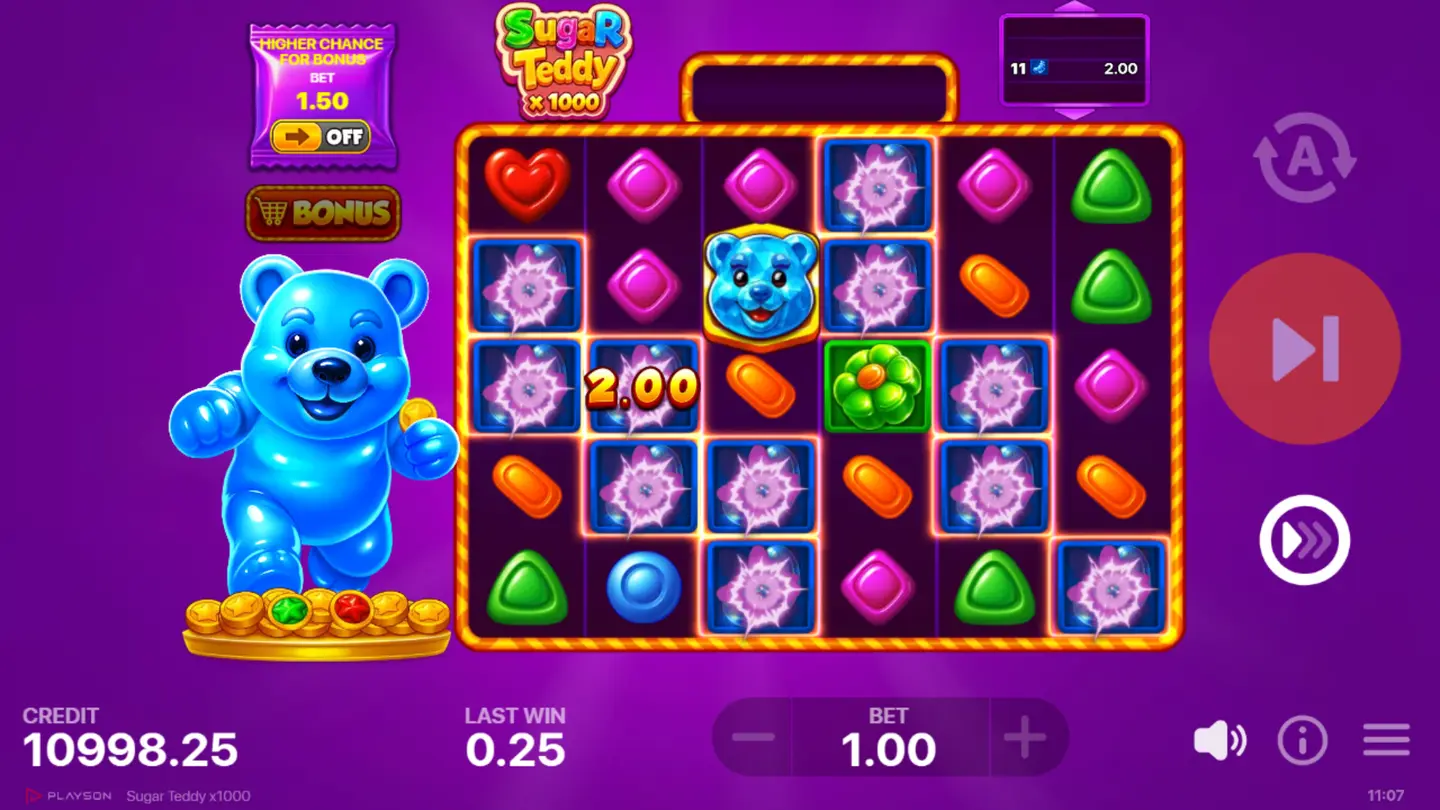 Sugar Teddy x1000 collapsing symbols cascade on the reels